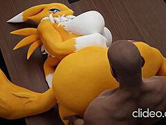 La MILF Renamon con grandes tetas tiene su monstruosa polla satisfecha en el trabajo