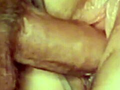 Close-up view of double creampake on stepmom's pussy