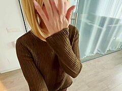 A blonde MILF in pantyhose solicits sex before her job
