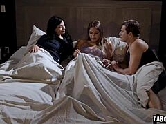 Mona Azar, a bisexual MILF, indulges in a threesome with her stepson Nathan Bronson and the stunning college student Gizelle Blanco