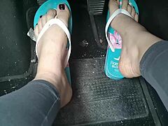 Italian MILF Nicoletta's cute feet in flip-flops make her orgasm in the car