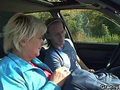 Elderly woman enjoys car sex with stepson