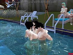 Intenzívny análny sex s dvomi krásnymi japonskými manželkami v bazéne
